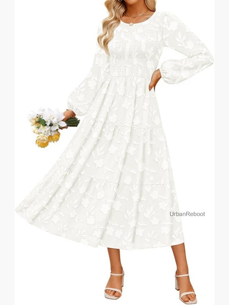 Women's Boho Floral Midi Dress Long Sleeve Crewneck Flowy Wedding Guest